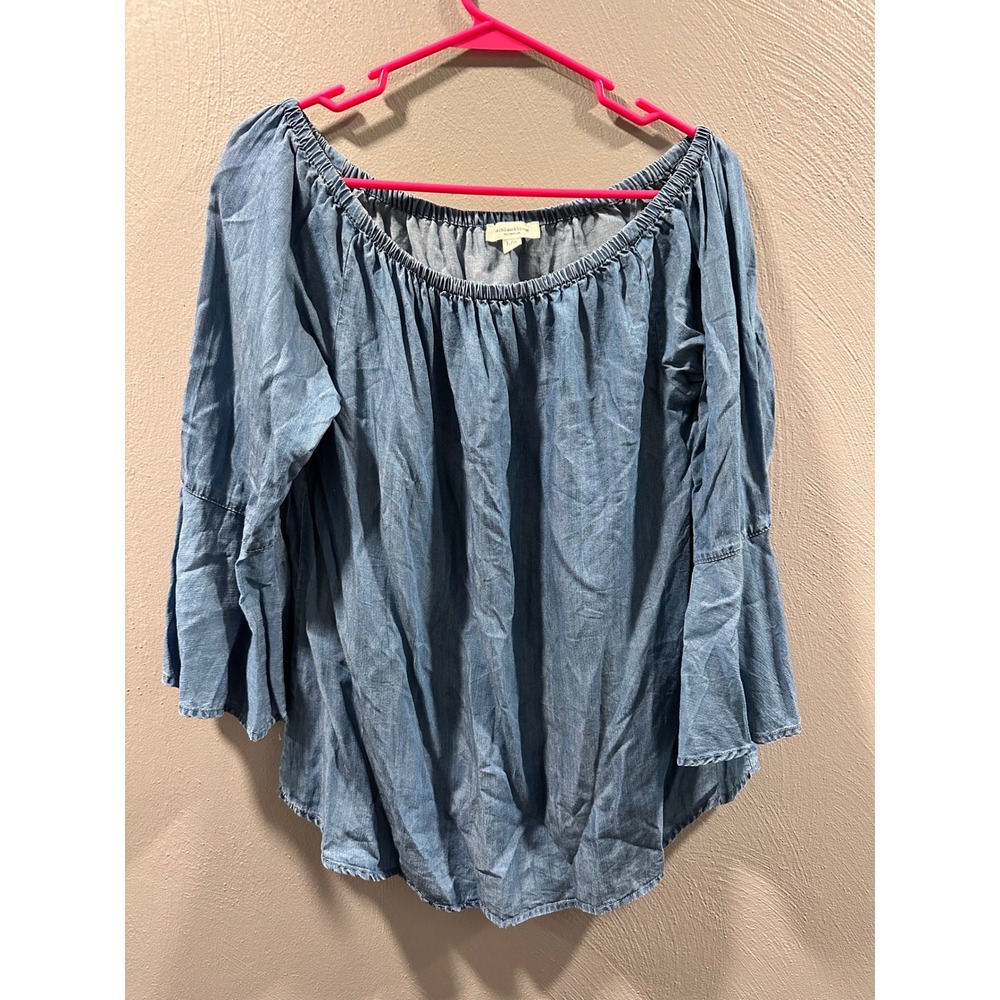 BeachLunchLounge Blue Chambray Off Shoulder Bell Sleeve Blouse Top Large